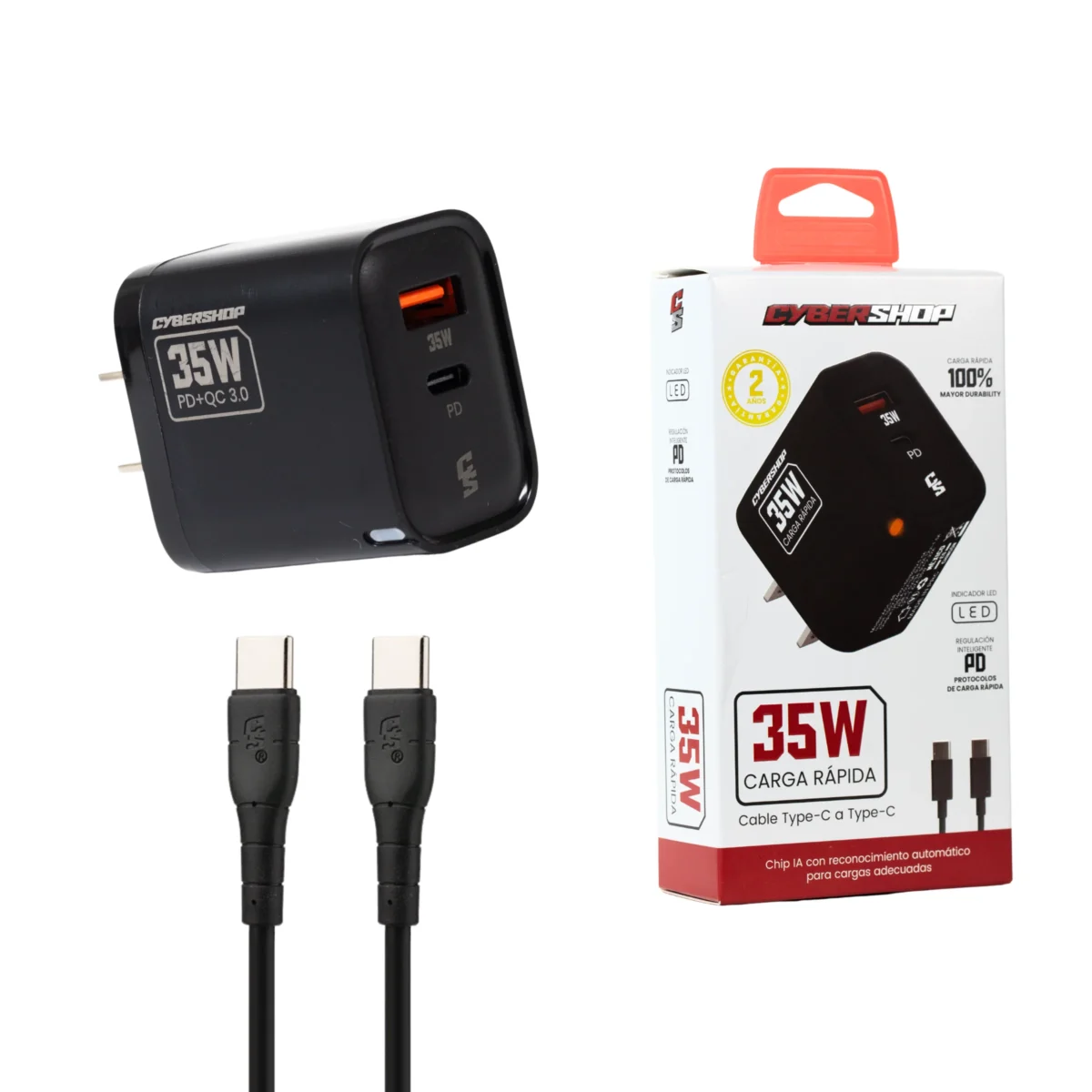 COMBO CARGADOR & CABLE 35W TYPE-C NEGRO CYBERSHOP