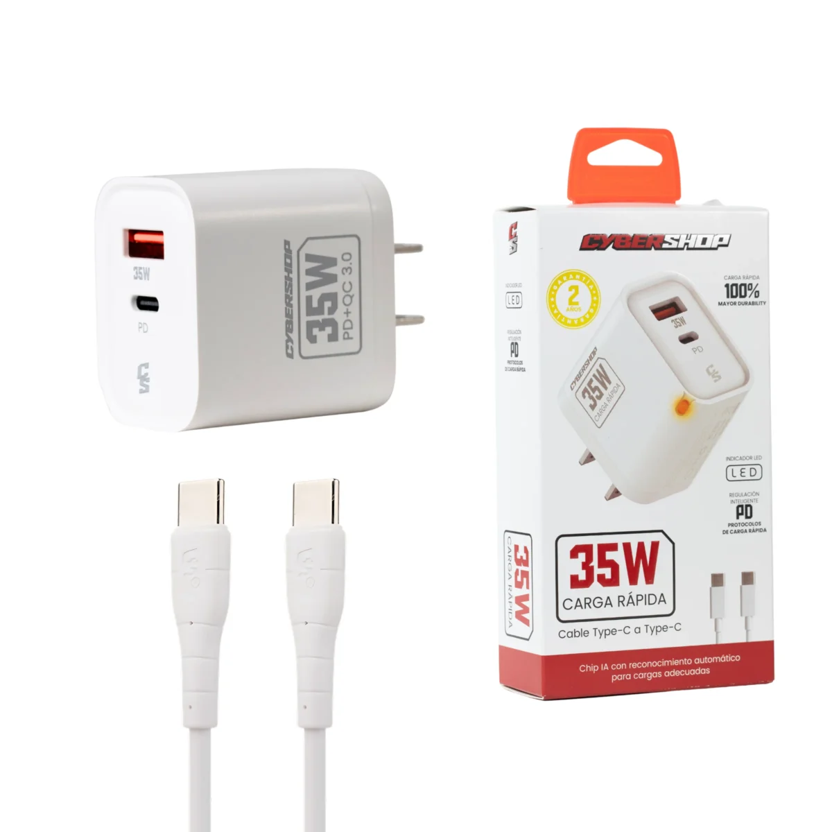 COMBO CARGADOR & CABLE 35W TYPE-C BLANCO CYBERSHOP